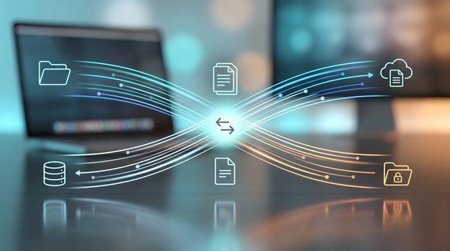 Dynamic data exchange concept featuring glowing abstract lines connecting various file folder and document icons over a blurred laptop background illustrating modern cloud synchronization