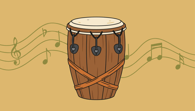 Traditional wooden conga drum instrument surrounded by flowing green musical stave lines and notes on a warm background.