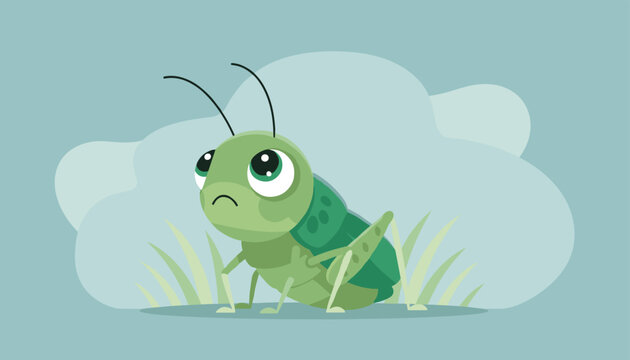 Cute little green grasshopper character looking sad and worried sitting in front of a blue cloud on grass field, vector.