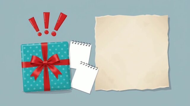 Gift box wrapped in polka dot paper with a red ribbon bow sits alongside empty note pads, exclamation points, and a blank parchment sheet on a blue surface.