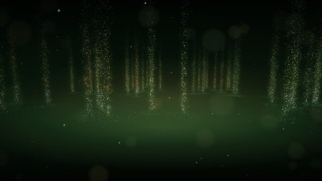 Abstract shimmering particles falling like rain in a dark green ethereal forest with bokeh lights