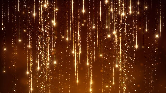 Golden glitter particles falling on dark brown background