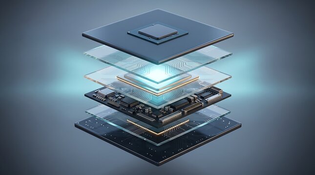 Exploded view of modern microprocessor showing layered architecture with glowing core and intricate circuit patterns representing advanced semiconductor manufacturing technology 3D render