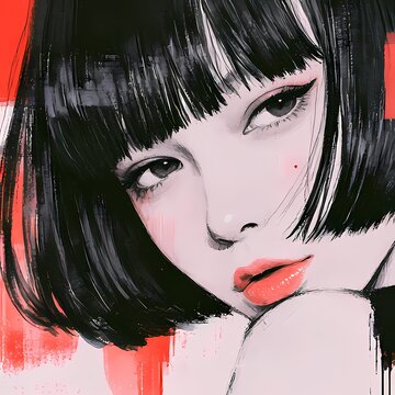 黒髪ボブ美女のモード風イラスト
