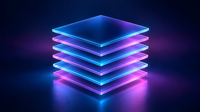Stacked glowing neon blue and purple translucent glass square layers representing software architecture, data hierarchy, and modular platform structure