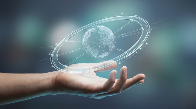 Human hand holding digital holographic globe with orbital data rings representing global connectivity and futuristic network communication technology in advanced business data visualization