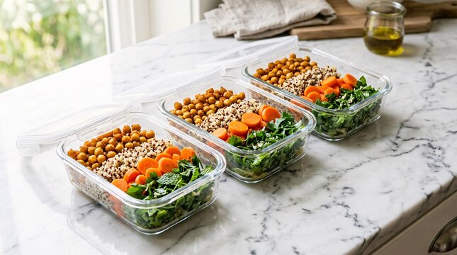 Healthy meal prep in three rectangular glass containers on white marble countertop with roasted chickpeas, carrots, quinoa and fresh herbs.