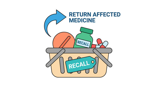 Medicine Recall Concept: Basket of Pills and Bottles, Return Medicine Icon