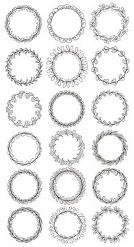 Collection of delicate floral and leaf circular frames, decorative borders, vintage style, elegant design elements, isolated on white