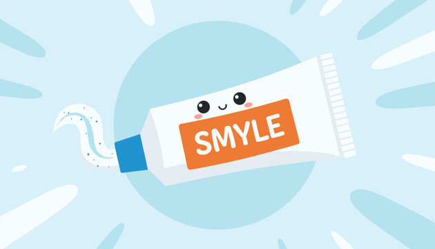 Cute cartoon toothpaste tube named Smyle smiling with a blue cap and fresh toothpaste squeezed out on a light blue background.