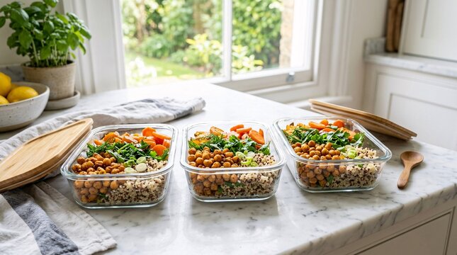 Healthy meal prep in three rectangular glass containers on white marble countertop with roasted chickpeas, carrots, quinoa and fresh herbs.