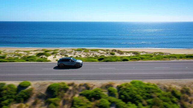 Blue crossover SUV drives rightward along a sunlit coastal highway beside sandy dunes and green shrubs, with calm blue ocean and clear sky filling an elevated side tracking view