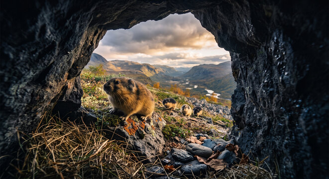Small alpine pika sitting at the edge of a rocky cave entrance overlooking a vast mountain valley at sunset