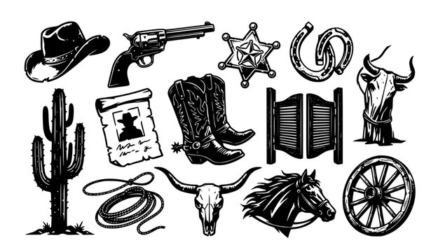 Vintage Cowboy Frontier Western Black Silhouette Icon Collection