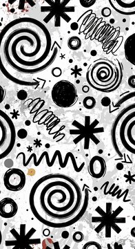 Abstract Pattern: Black Swirls, Dashes, Circles, Stars, Arrows on Textured Background