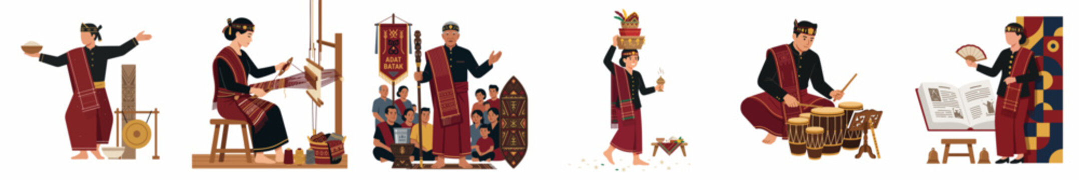 Collection of illustrations depicting traditional Filipino Cordillera culture, including weaving, folk dancing, and tribal music on a white background.