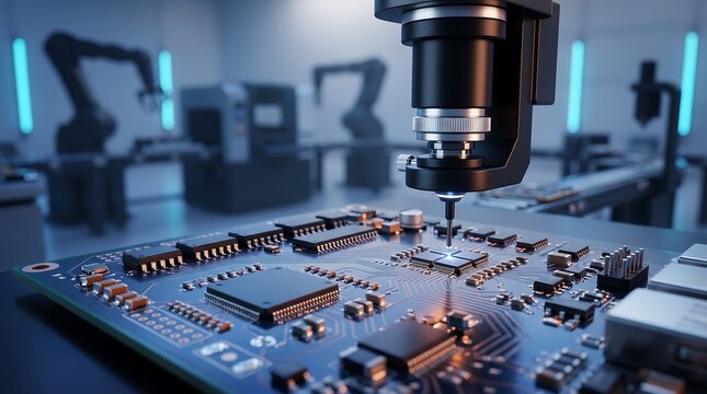 Robotic precision soldering tool performing intricate work on advanced printed circuit board in high tech automated factory setting for modern electronics hardware development and production
