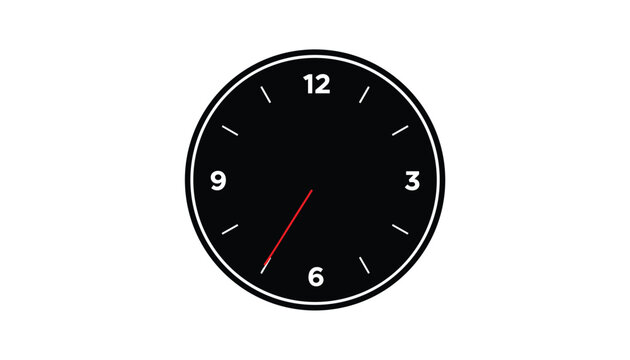 Minimalist black wall clock with white numbers showing numbers twelve, three, six, and nine with a thin red second hand.