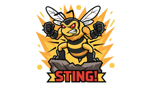 Powerful cartoon bee mascot with strong muscles and angry expression standing on a rock with red text sting in comic style.