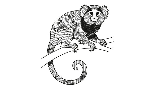 Detailed black and white engraving style illustration of a fluffy marmoset monkey sitting on a tree branch with a curled tail.