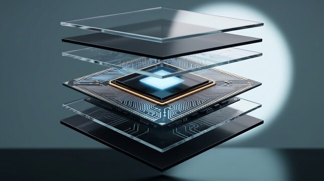 Detailed exploded view of a high performance computer processor chip showcasing complex circuit board layers and advanced hardware architecture in a sleek professional studio lighting environment
