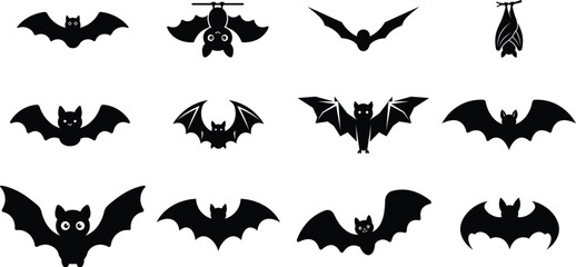 Fototapeta premium Bat vector silhouettes set, Halloween flying and hanging mammal graphic elements
