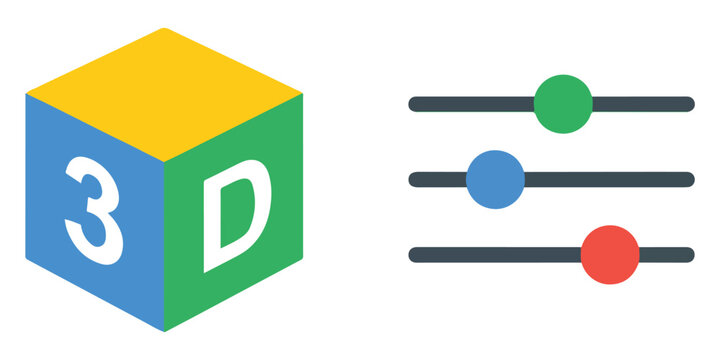 A colorful 3d cube icon next to a settings control panel with sliders and circular adjustment knobs