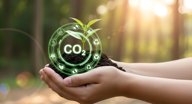Sustainable Future Concept featuring hands holding a green sprout in soil with glowing CO2 reduction and renewable energy icons, ideal for environmental awareness campaigns.
