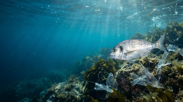 Underwater Shot Gilt Head Bream Swimming Near Plastic Pollution Ocean Habitat Wildlife