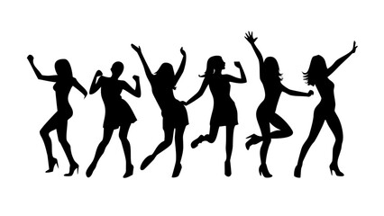 Fototapeta premium Black silhouette of a group of six happy women dancing in various poses with silhouette celebration cheering
