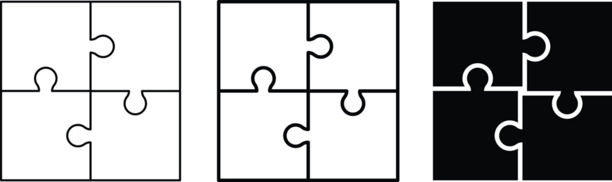 Jigsaw puzzle piece connection vector icon set. Four piece square puzzle solution and teamwork integration symbol. Interlocking puzzle pieces displayed in thin outline bold stroke and solid black