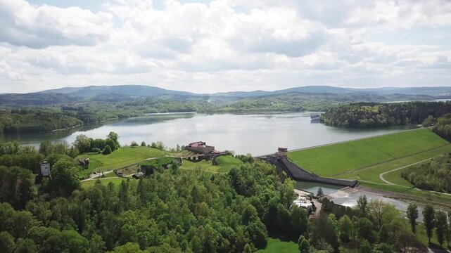 Lake Dobczyce. Water dam, view from the drone.