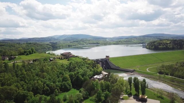 Lake Dobczyce. Water dam, view from the drone.