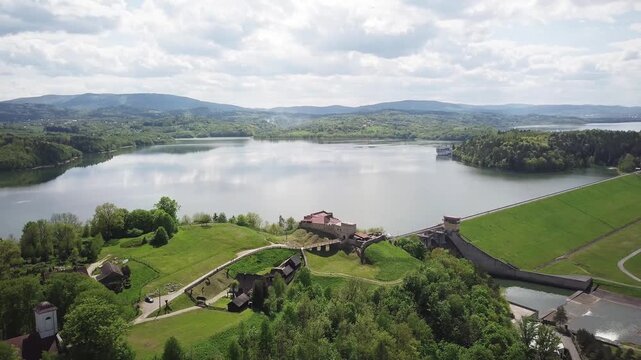 Lake Dobczyce. Water dam, view from the drone.