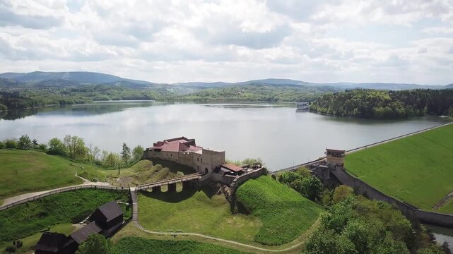 Lake Dobczyce. Water dam, view from the drone.