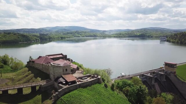 Lake Dobczyce. Water dam, view from the drone.