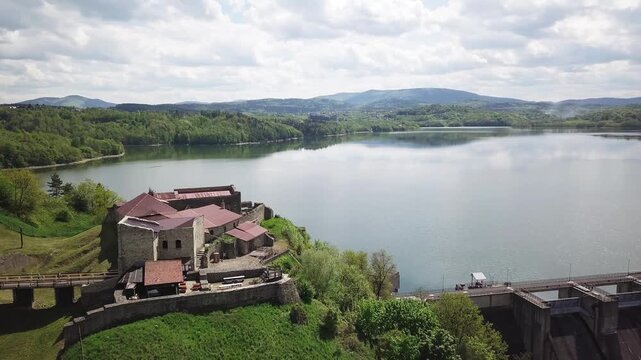 Lake Dobczyce. Water dam, view from the drone.