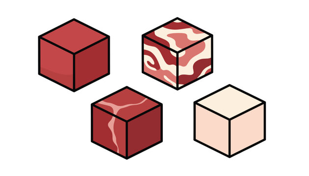 Isometric collection of various raw meat cubes representing beef, marbled steak, and fat on a clean white background.