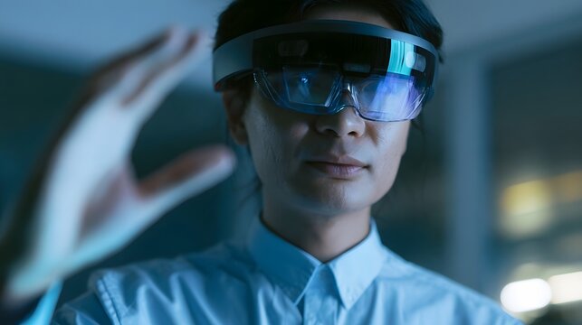 A person wearing futuristic head mounted display with hand gesture  in cool toned indoor lighting  focused on immersive interface interaction