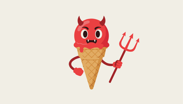 Devil ice cream cone cartoon character in red with horns and fangs holding a trident on a beige backdrop background.