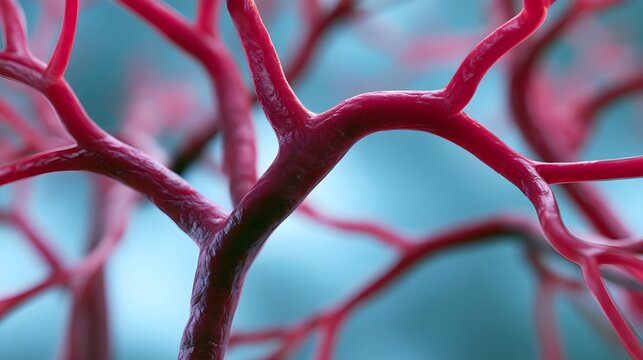 Close up view of branching red blood vessels against a soft blue background  highlighting vascular anatomy with texture and depth