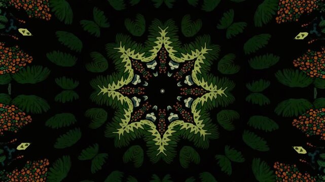 Green Kaleidoscope Mandala Abstract Fractal Star Pattern With Symmetrical Floral Ornamentation and Texture