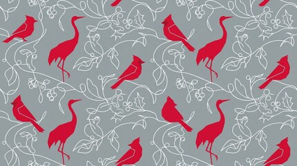 Obraz premium Minimalist red bird and botanical line art seamless vector pattern