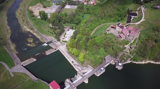 Lake Dobczyce. Water dam, view from the drone.