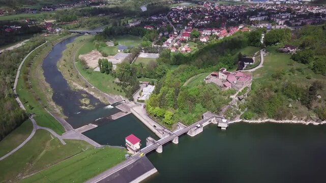 Lake Dobczyce. Water dam, view from the drone.