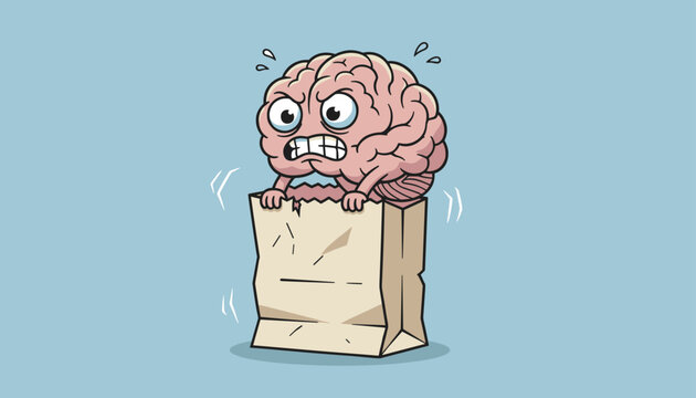 Angry cartoon brain bursting out from a brown paper bag with steam coming from its head in a funny vector art.