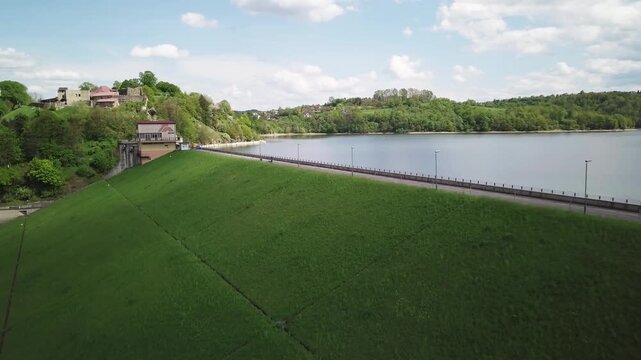 Lake Dobczyce. Water dam, view from the drone.