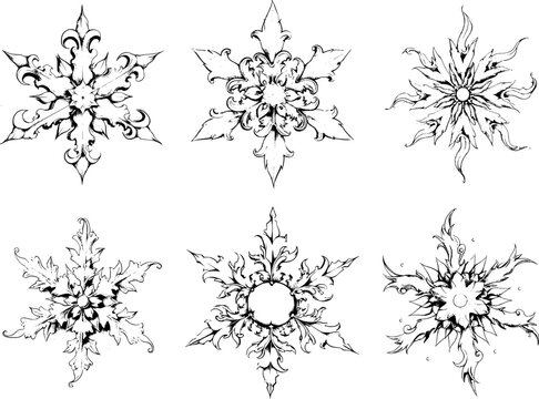 Set of ornate black floral snowflake symbols for elegant winter and Christmas decorative design projects