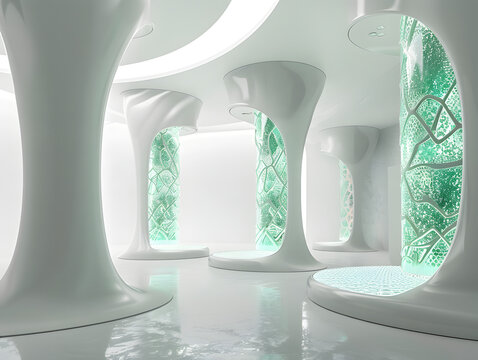 Bright futuristic office interior with minimalist white architecture and integrated green plants, sustainable workplace of the future