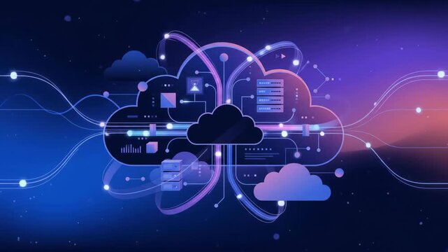 A glowing cloud icon connects to multiple data nodes and servers through flowing light lines, representing cloud computing technology.